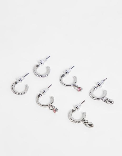 Topshop - Kleine oorringen met mini hartjes en roze kristallen hangers in zilver