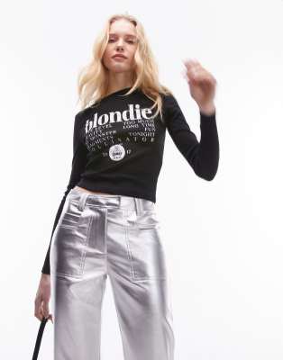 Topshop - Knapp geschnittenes, langärmliges T-Shirt in Schwarz mit Blondie-Grafikprint-Grau