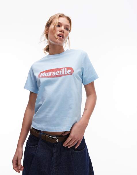 Topshop – Knapp geschnittenes Oberteil in Blau mit Marseille-Grafik - view 1