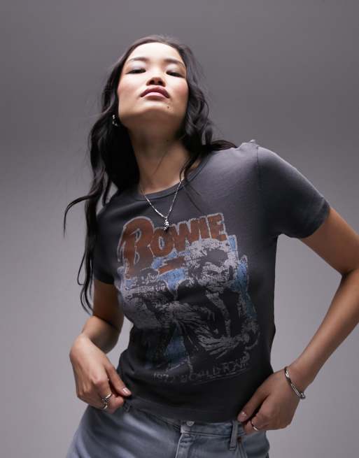 Topshop – Knapp geschnittenes T-Shirt in Anthrazit mit lizenziertem David Bowie-Grafikprint
