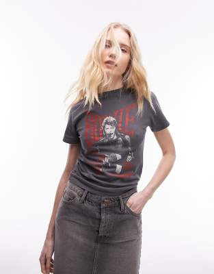 Topshop - Knapp geschnittenes T-Shirt in Anthrazit mit lizenziertem David Bowie-Grafikprint-Grau