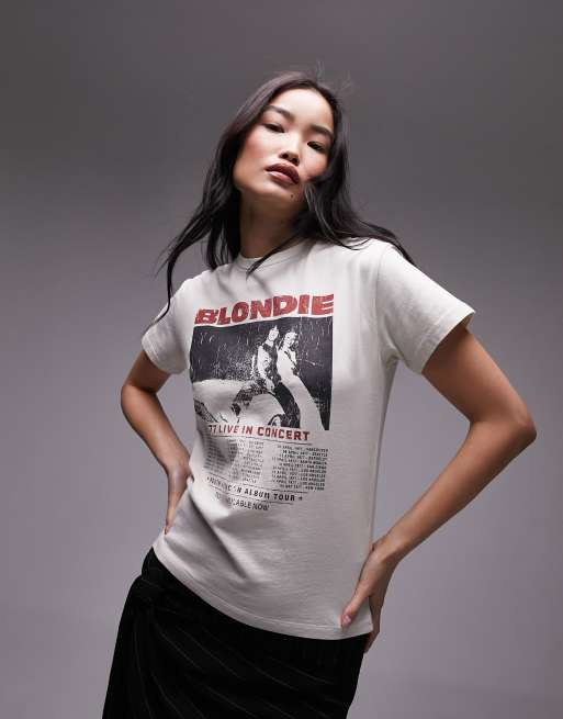 Topshop – Knapp geschnittenes T-Shirt in Ecru mit lizenziertem „Blondie“-Grafikprint