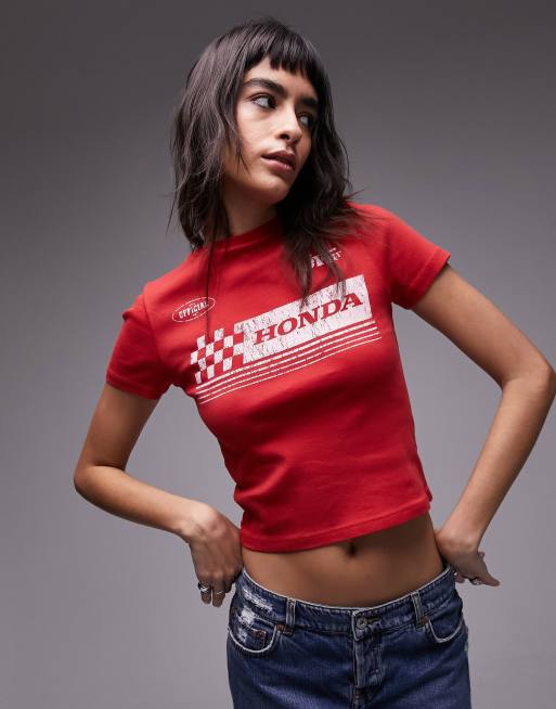 Topshop – Knappes T-Shirt in Rot mit lizenzierter Honda-Grafik