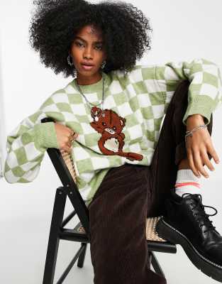 Topshop Kniited Checkerboard Teddy Bear Sweater In Multi ModeSens