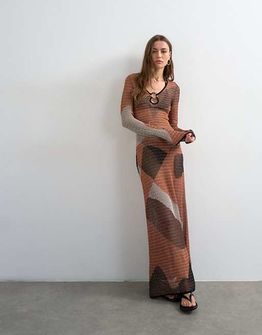 burnt orange long sleeve dress Stand Collar Timing Women's Small Burnt Orange