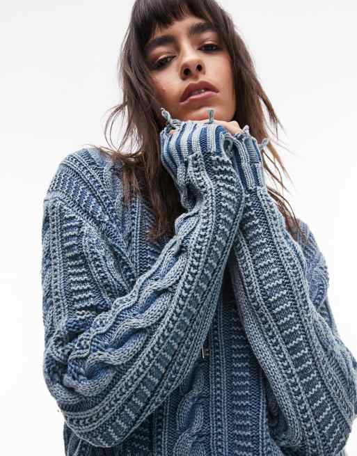 Topshop knit acid wash cropped sweater in blue