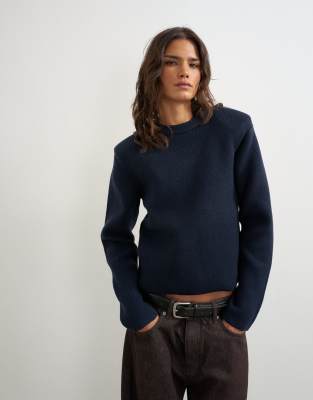 Topshop Knit All Needle Shoulder Padded Sweater In Blue