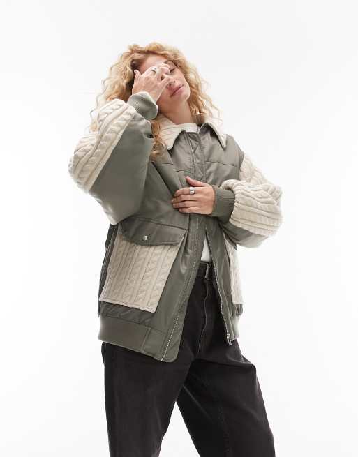 Topshop knit and nylon mix bomber jacket in khaki