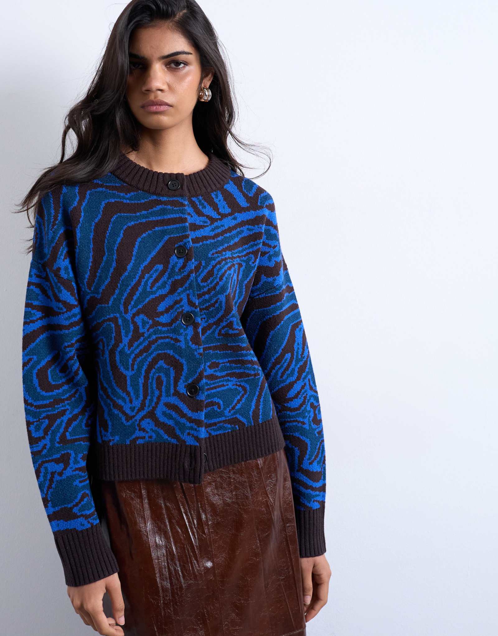Вязаный кардиган с животным принтом Topshop синего цвета