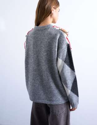 Topshop Knit Argyle Distressed Sweater-gray In Multi
