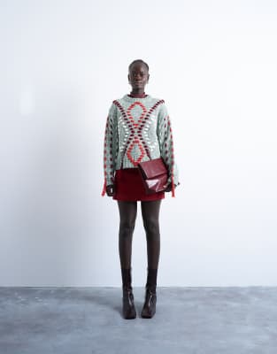 Topshop Knit Argyle Embroidered Sweater In Multi