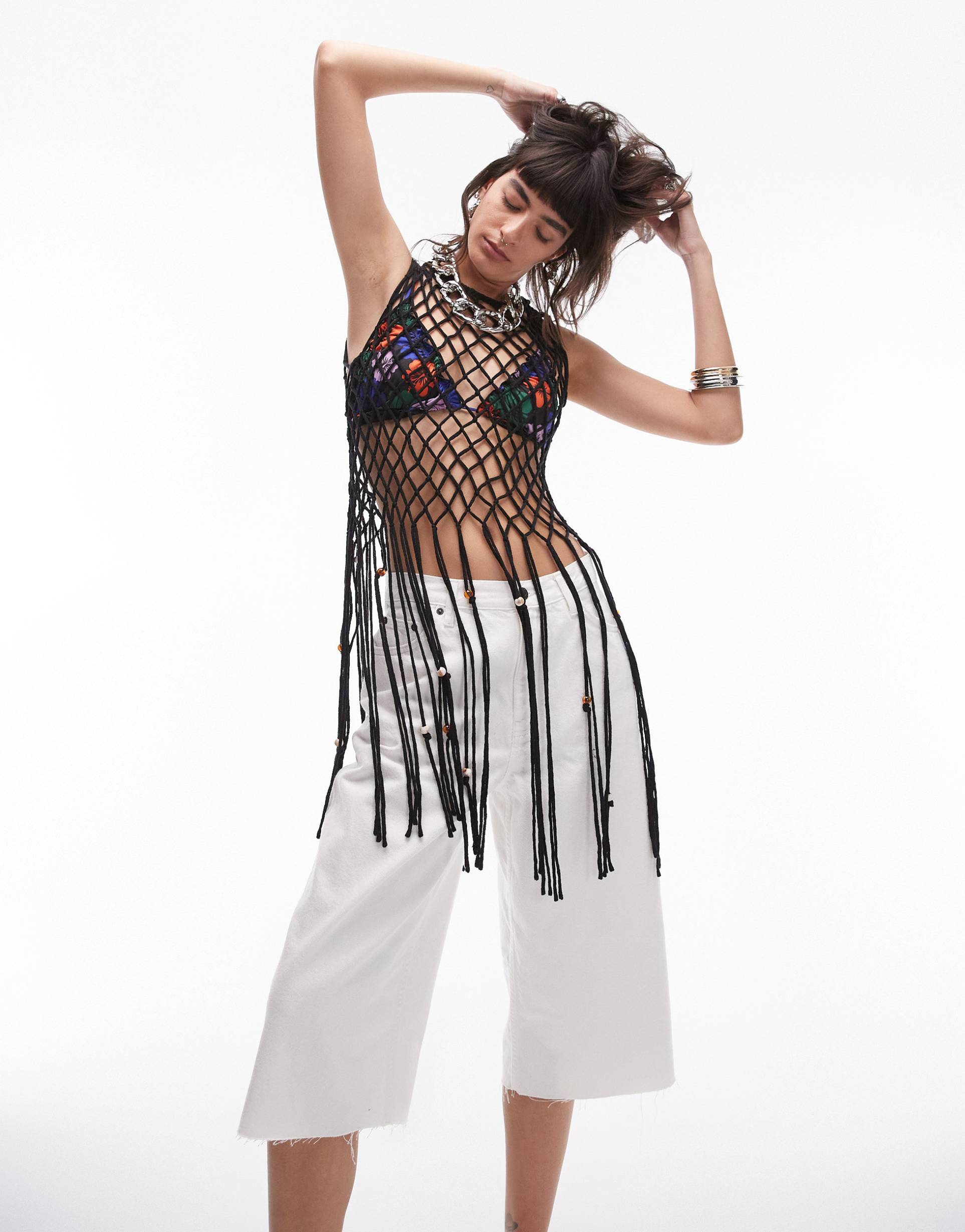 topshop knit asymetric fringe detail open knit top in black