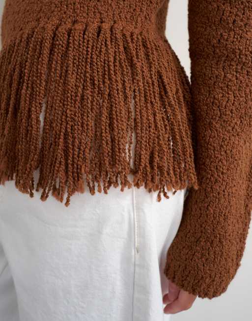 Topshop knit asymmetric fringe sweater in gingerbread | ASOS