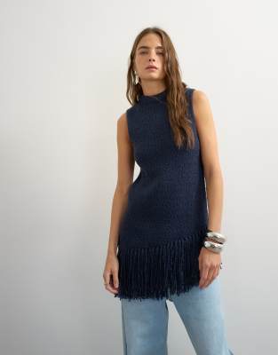 Topshop Knit Asymmetric Fringe Trim Tunic In Navy
