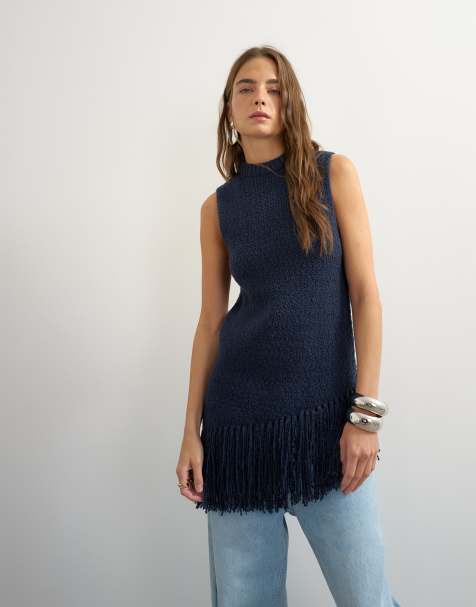 Topshop knit asymmetric fringe trim tunic in navy - view 1