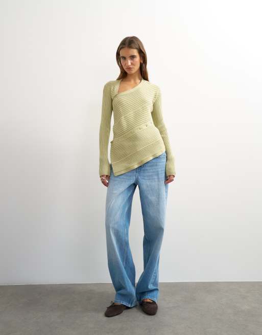 Topshop knit asymmetric longline ribbed top in pistachio, 2 of 4