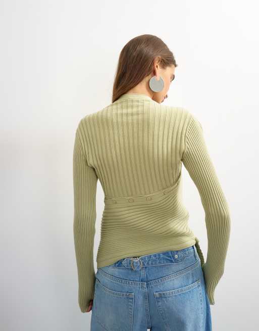 Topshop knit asymmetric longline ribbed top in pistachio, 3 of 4