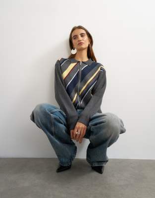 Topshop Knit Asymmetric Striped Jacket In Gray