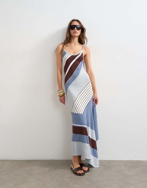 Topshop knit asymmetric striped maxi dress in blue multi - view 1