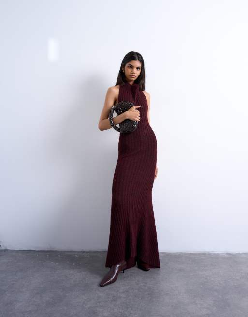 Topshop knit backless halter neck dress in red