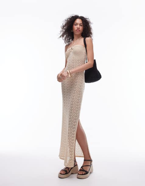 Topshop knit bandeau stitch detail dress in gold - view 1