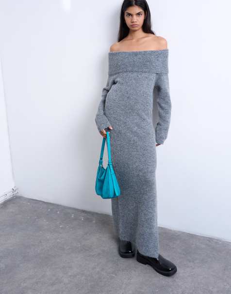 Topshop knit bardot maxi dress in gray - view 1