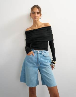 Topshop Knit Bardot Top In Black