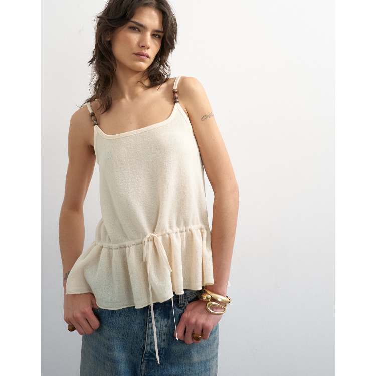 Topshop knit beaded draw waist peplum tank in ivory | ASOS