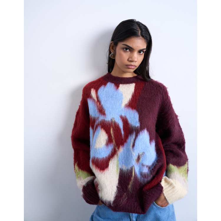 Topshop knit blurred flower sweater in burgundy | ASOS