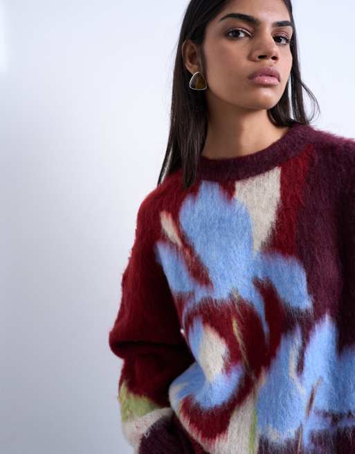 Topshop knit blurred flower sweater in burgundy | ASOS