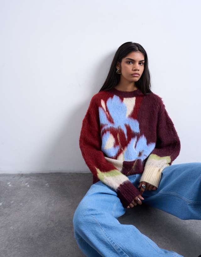 Topshop knit blurred flower sweater in burgundy | ASOS