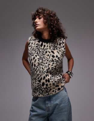 knit boucle animal tank in neutral-Multi