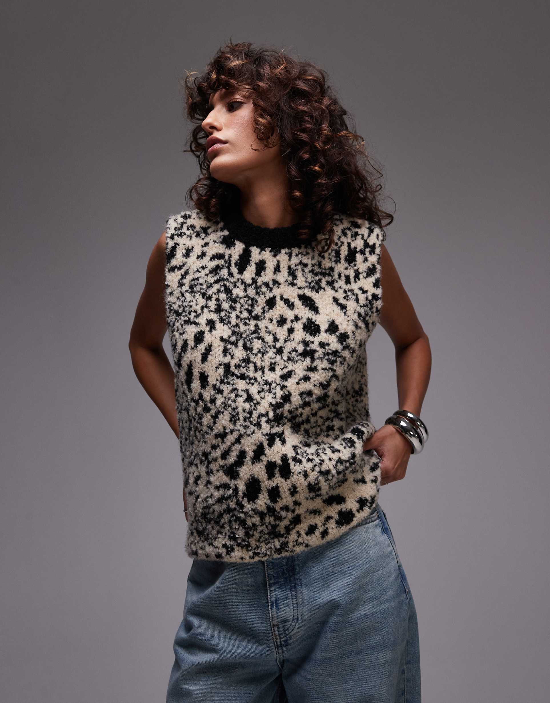 topshop knit boucle animal tank in neutral