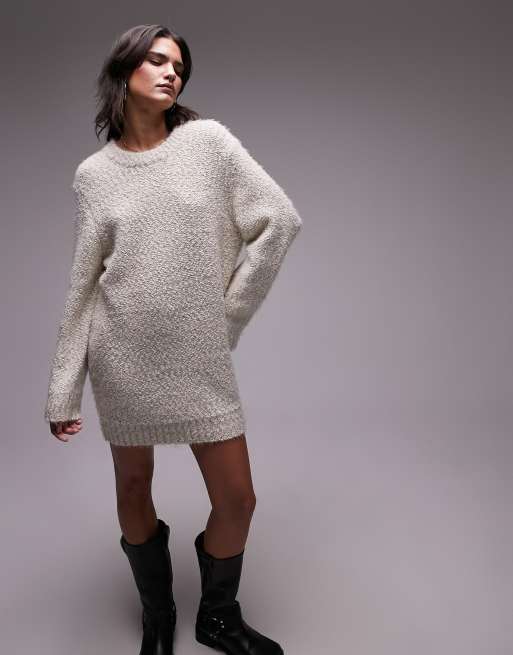 Topshop knit boucle crew neck mini dress in oat