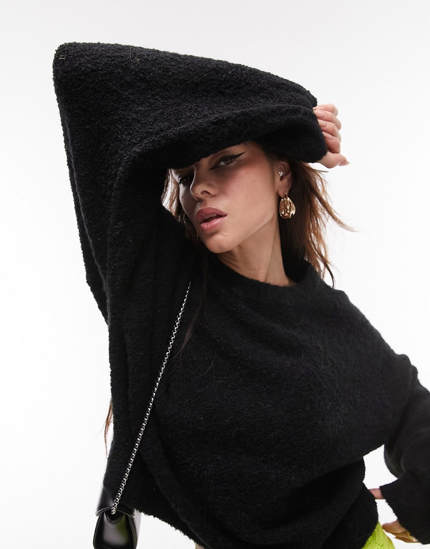 knit boxy boucle sweater in black