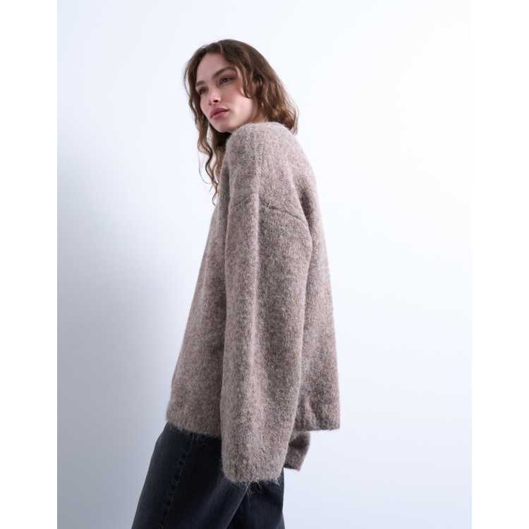 Topshop knit boxy fluffy crew neck oversized sweater in coffee | ASOS