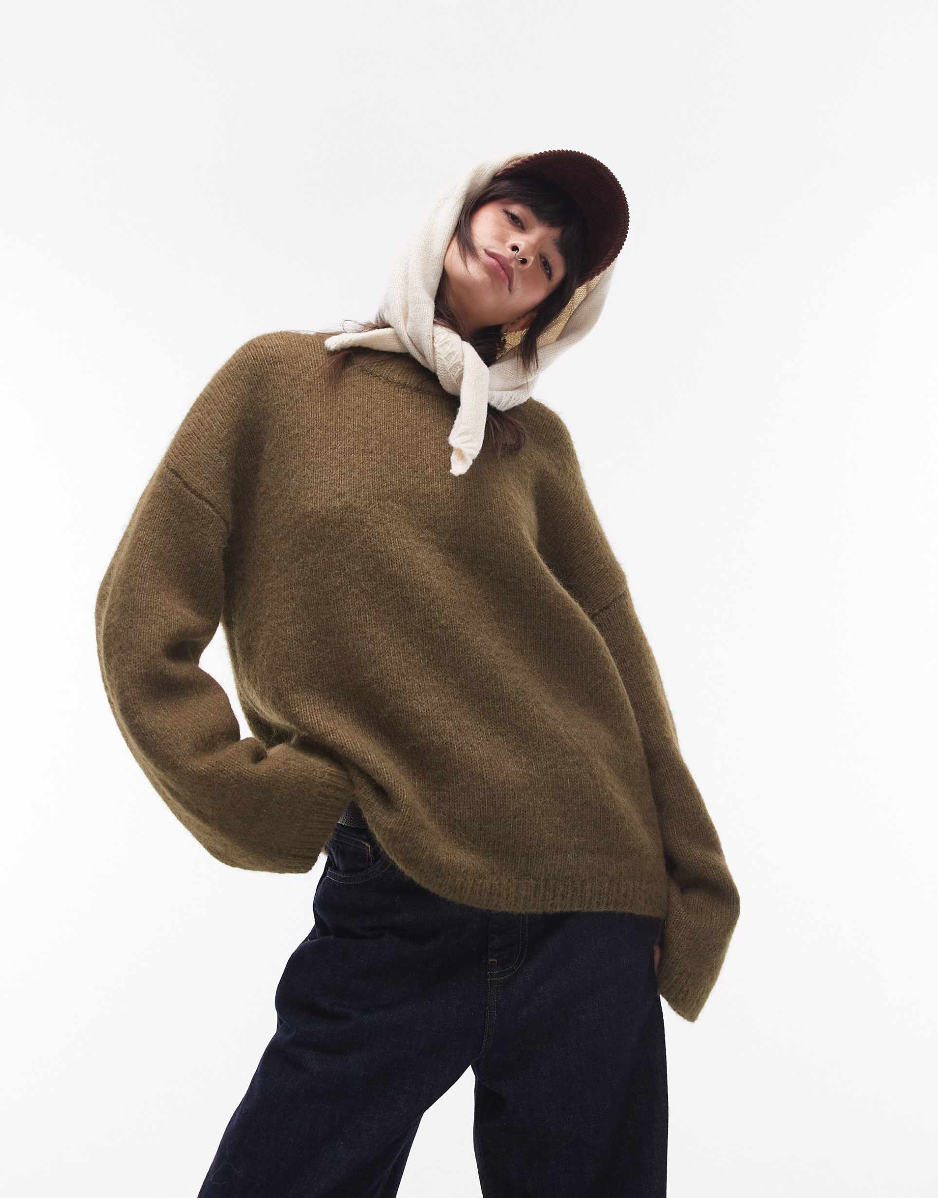 topshop knit boxy fluffy crew neck oversized sweater in khaki
