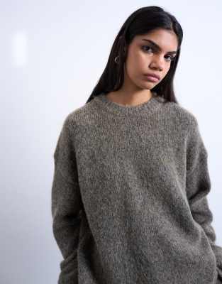 Topshop Knit Boxy Fluffy Crew Neck Sweater In Brown