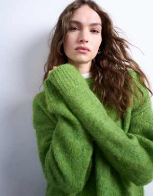 Topshop Knit Boxy Fluffy Crew Neck Sweater In Green