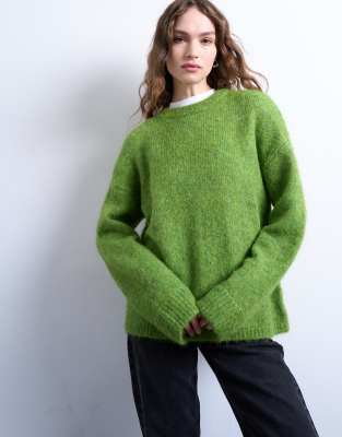 Topshop Knit Boxy Fluffy Crew Neck Sweater In Green