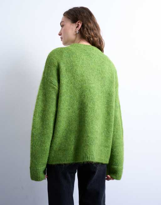Topshop knit boxy fluffy crew neck sweater in green