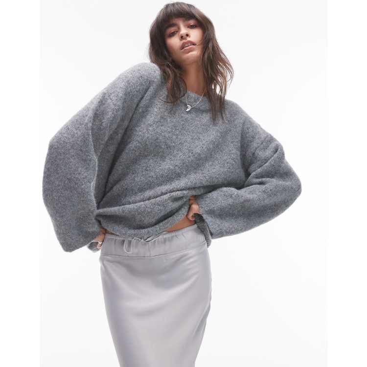 Topshop knit boxy fluffy crew oversized sweater in gray ASOS