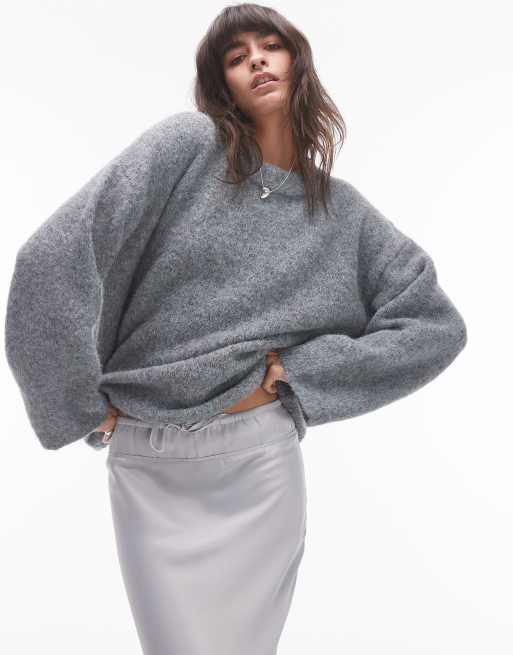 Topshop knit boxy fluffy crew oversized sweater in gray