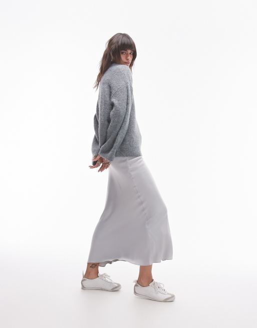 Topshop knit boxy fluffy crew oversized sweater in gray, 4 of 4