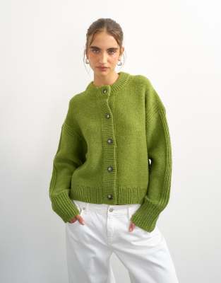 Topshop Knit Boxy Pointelle Deep Rib Cardigan In Green