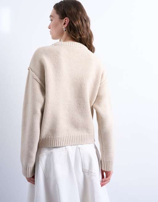 Topshop knit boxy wide sleeve mid crew sweater in oat