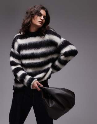 Topshop Knit Boysy Ultra Fluffy Stripe Oversized Sweater In Mono-black