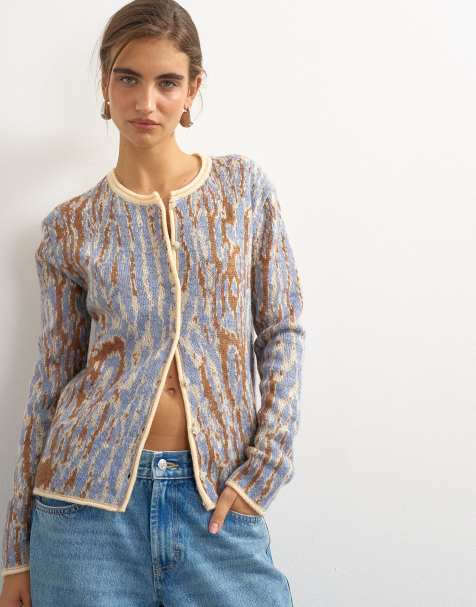 Topshop knit brushed animal cardigan with wool and mohair in brown and blue - view 1