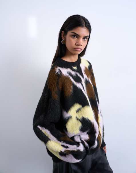 Topshop knit brushed flower sweater in black - view 1