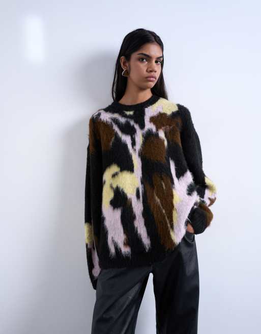 Topshop knit brushed flower sweater in black